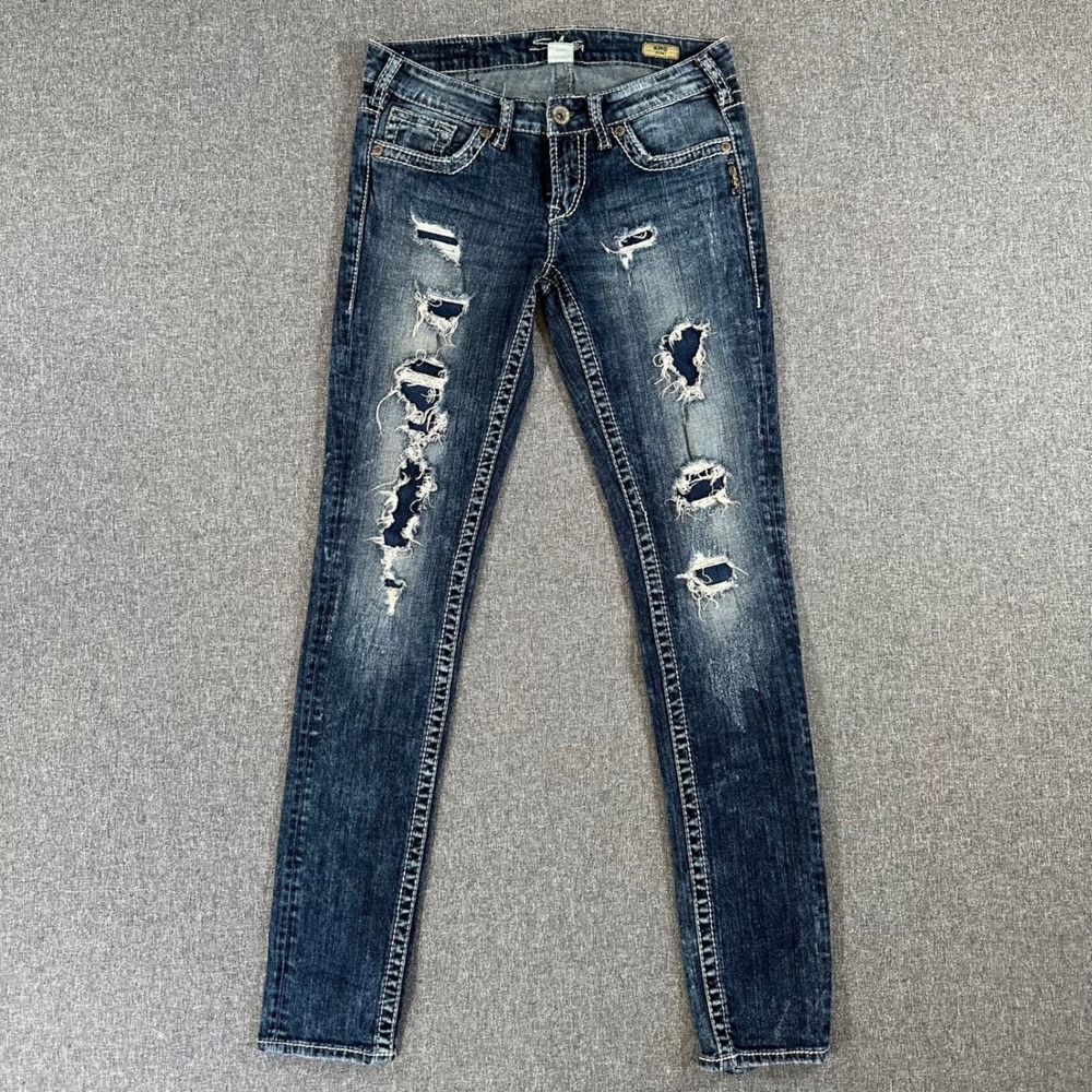 Silver Jeans Co. Jeans Womens 26 Aiko Slim Blue Distressed Ripped Patchwork